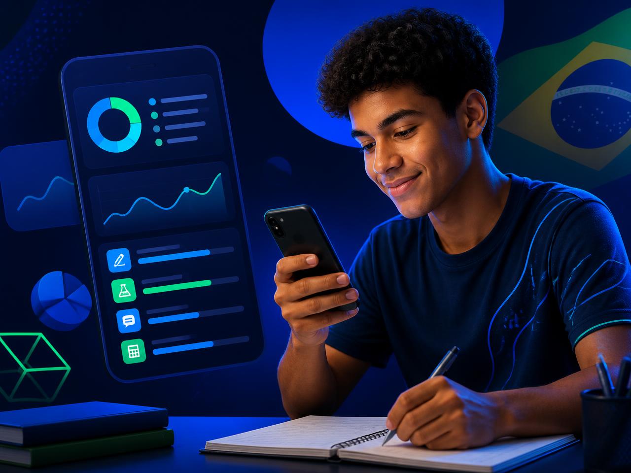 Estudante acompanhando seu plano de estudos para o ENEM em um painel com gráficos de progresso